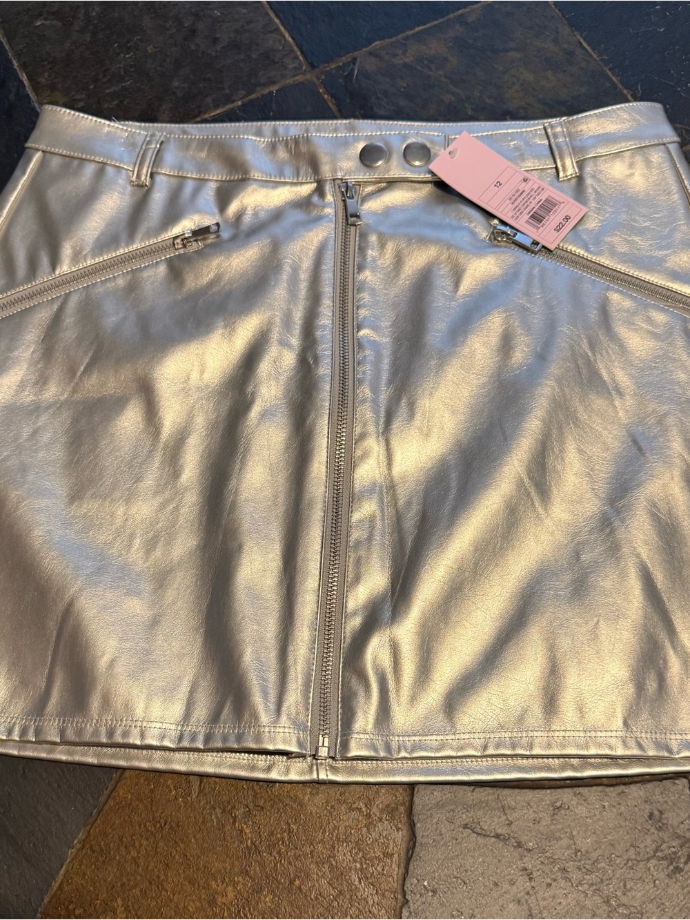 Metallic Silver Zip-Front Mini Skirt